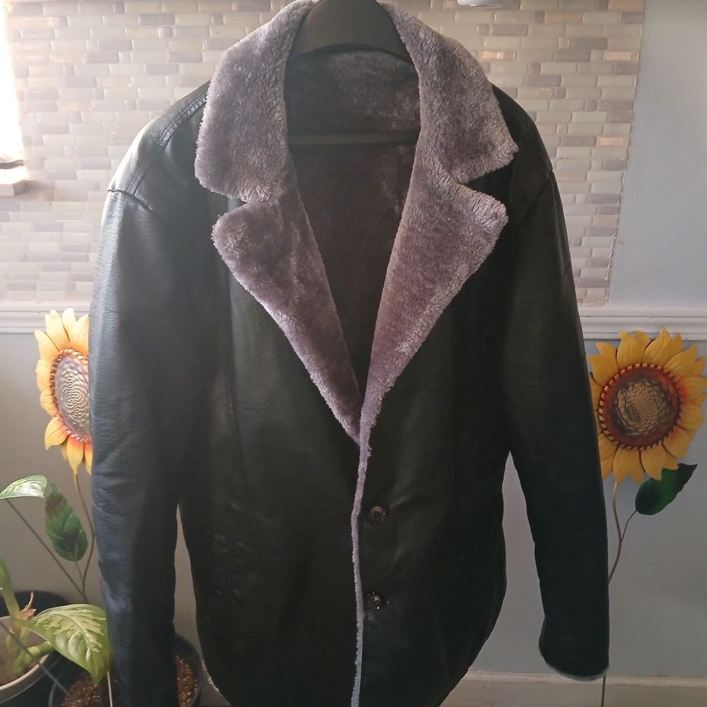 Men's Black Faux Leather Jacket with Gray Faux Fur Lining - Picture 2 of 12